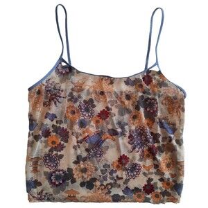 Vintage 90s Y2K Colorful Floral Mesh Cami Tank Top Large Adjustable Straps